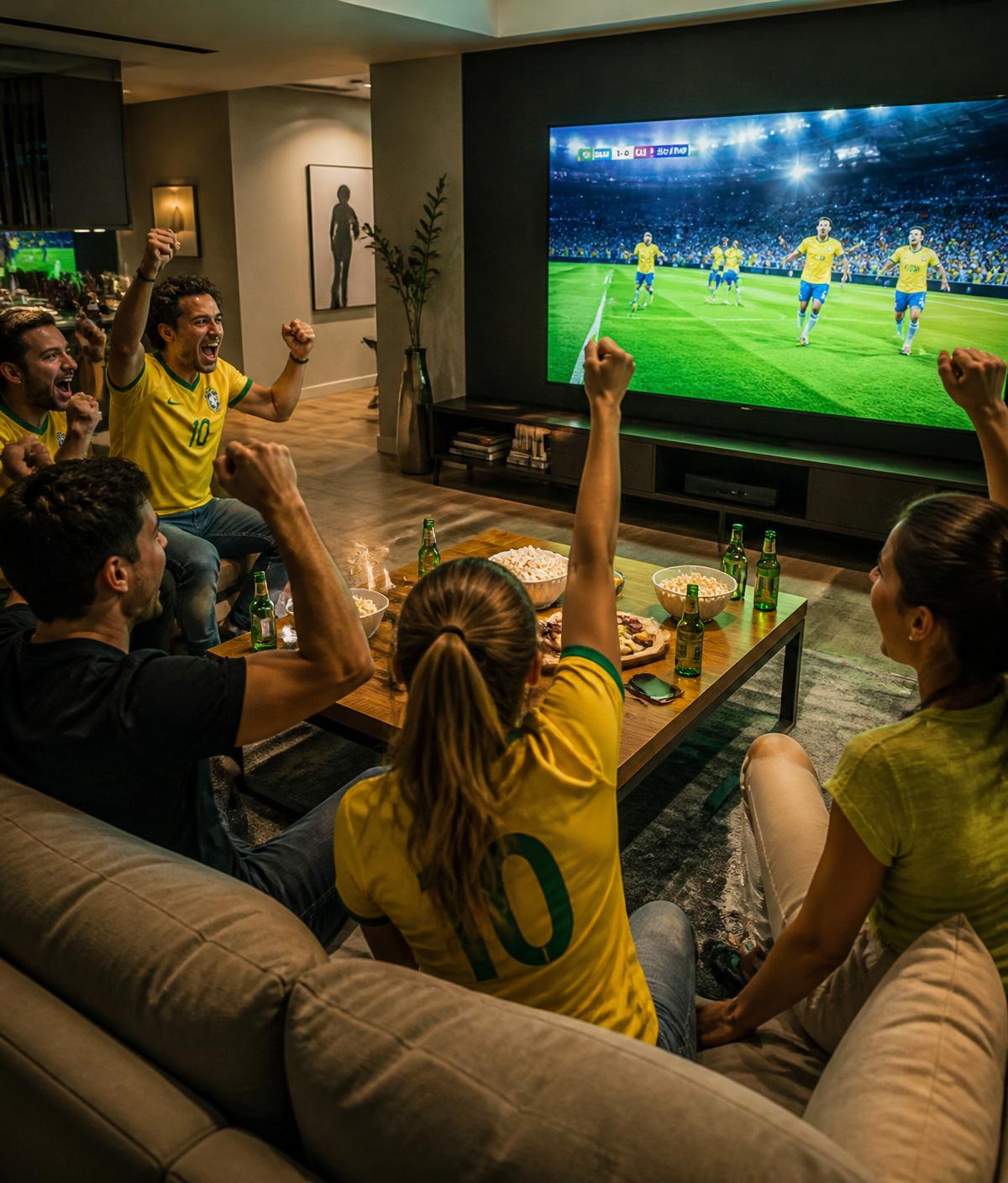 Amigos assistindo esportes ao vivo